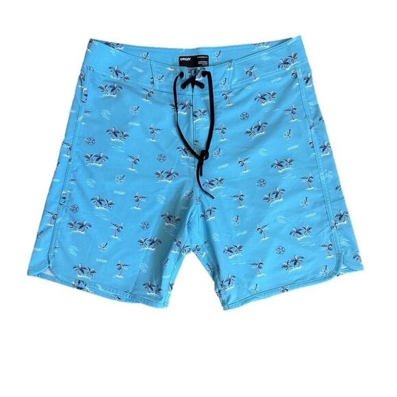 Oakley B1B Rc 19" Boardshort Aviator Tropical Palms Blue Size 34 Pocket Beach - Picture 1 of 12